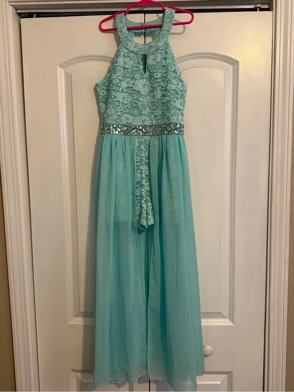 Speechless Aqua Lace Halter Maxi Dress with Jeweled Waist
